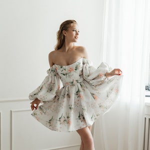 Floral wedding dress. Mini wedding dress with long sleeve. Short wedding dress. Floral print wedding dress. evening dress. Miranda style image 1