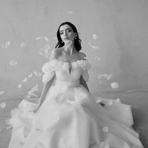 Wedding dress. Wedding dress with roses. Delicate, airy wedding dress, decorated with handmade organza roses.