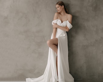 Glitter wedding dress. Leg slit wedding dress. Elegant wedding dress Chic wedding dress. Long train. Style Irene .
