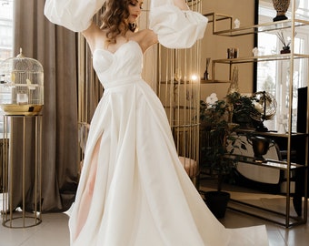 Glitter Atlas Wedding Dress Ida With Detachable Sleeves