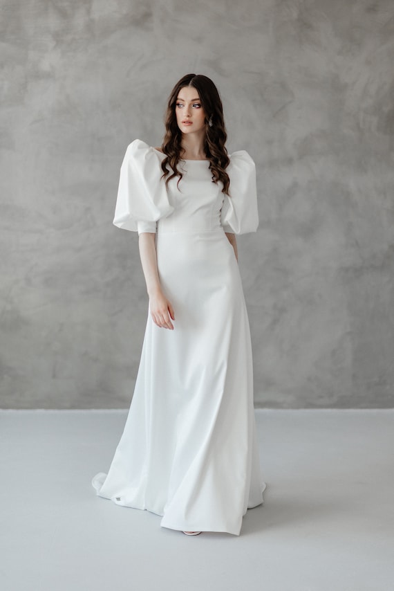 Satin Wedding Dress With Puff Sleeves, Glitter Fabric - Etsy Israel Satin Wedding Dress With Puff Sleeves, Glitter Fabric - Etsy Israel