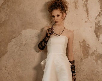 short wedding dress with  bow. mini wedding dress with long sleeves. satin wedding dress. wedding dress. evening dress.  VANESSA styl