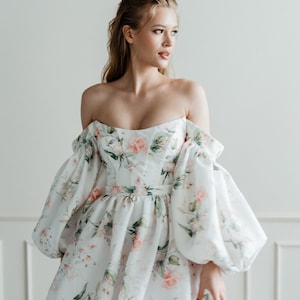 Floral wedding dress. Mini wedding dress with long sleeve. Short wedding dress. Floral print wedding dress. evening dress. Miranda style image 5