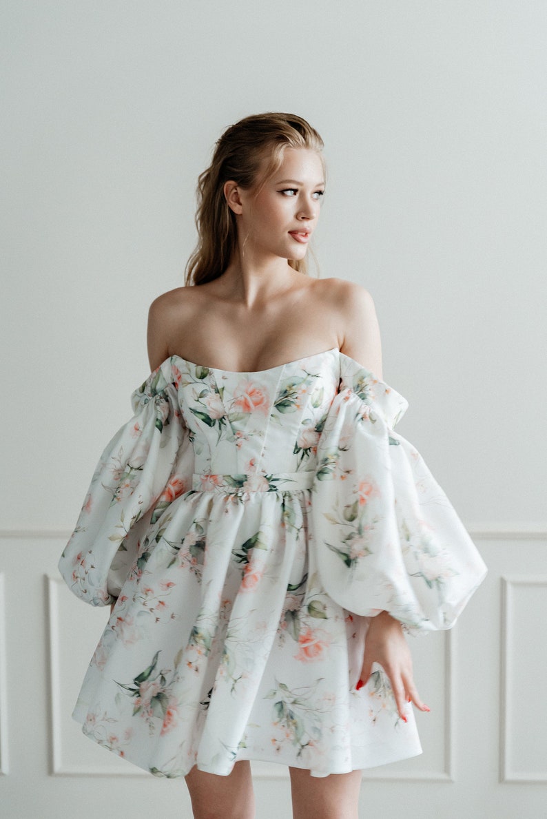 Floral wedding dress. Mini wedding dress with long sleeve. Short wedding dress. Floral print wedding dress. evening dress. Miranda style image 5