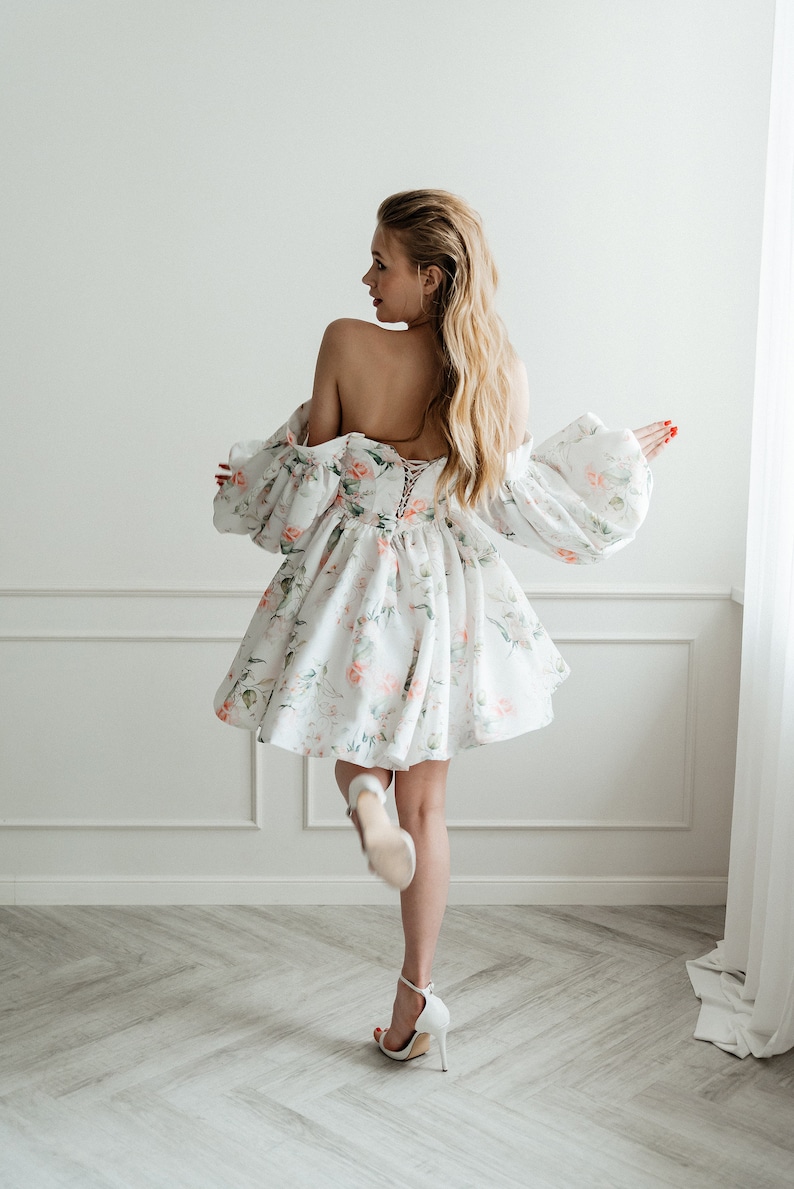 Floral wedding dress. Mini wedding dress with long sleeve. Short wedding dress. Floral print wedding dress. evening dress. Miranda style image 8