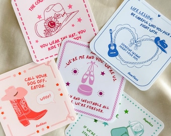 May include: Set of six colorful square stickers with inspirational quotes and illustrations. The stickers feature a cowboy hat, a pair of ballet shoes, a dog, a guitar, a heart, and a pair of dog tags.