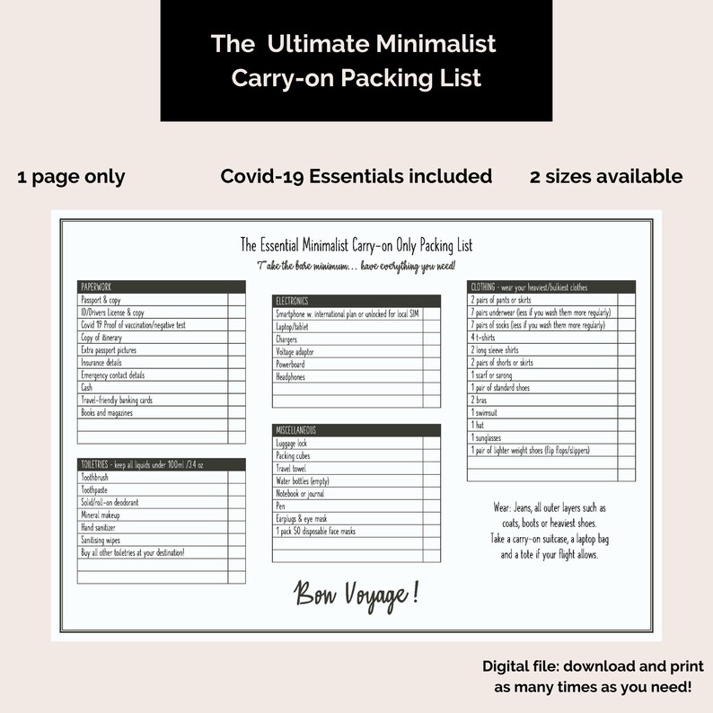 Printable Packing List Minimalist Carry on Packing List for Any Trip Etsy