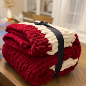 Chunky Chenille knitted throw blanket Handmade with 2 colors