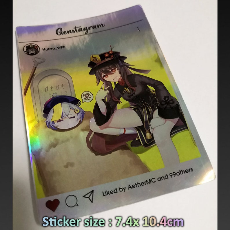 May include: Holographic sticker featuring anime-style artwork. The design mimics an Instagram post, with the username "Hutao_WFP" and a character illustration. The sticker measures 7.4 x 10.4 cm.