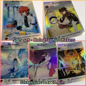 May include: A set of five holographic stickers featuring anime-style illustrations. Each sticker has a unique design with characters in various poses. The stickers are rectangular and measure 7.4 x 10.4 cm.