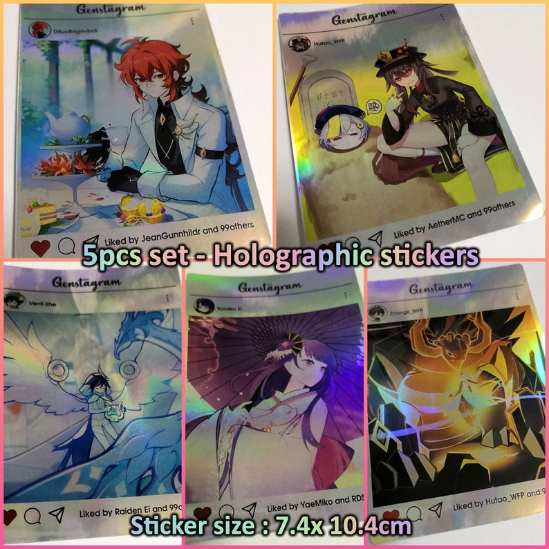 May include: A set of five holographic stickers featuring anime-style illustrations. Each sticker has a unique design with characters in various poses. The stickers are rectangular and measure 7.4 x 10.4 cm.