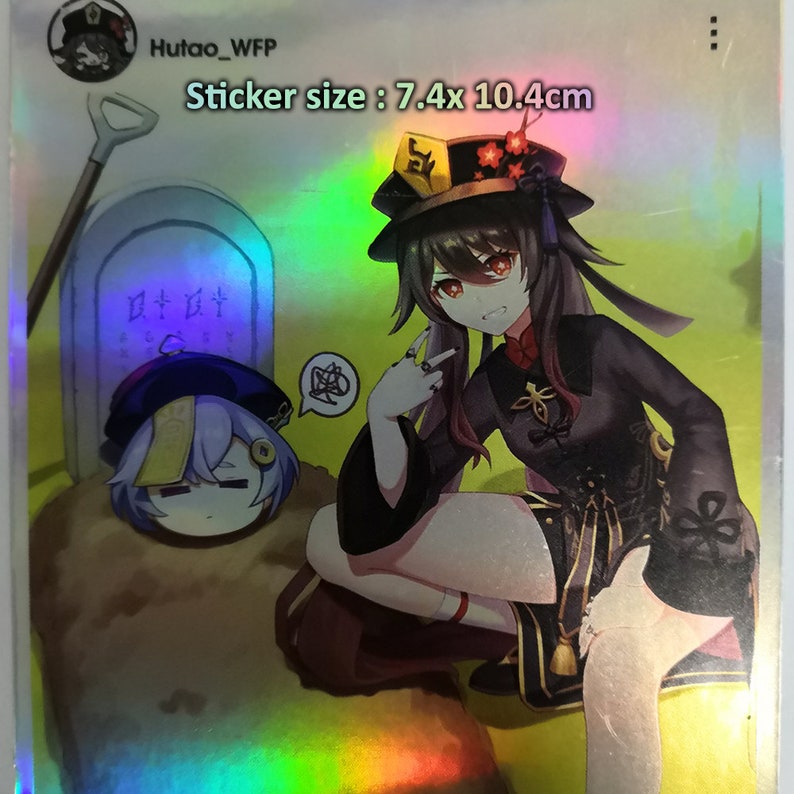 May include: Holographic sticker featuring anime-style characters. The sticker shows a character in a black outfit with a hat, and another character near a tombstone. Sticker size is 7.4 x 10.4cm.