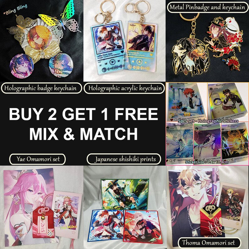 May include: A collection of anime-themed merchandise, including keychains, badges, stickers, and prints. The image features holographic acrylic keychains, metal pin badges, and sets of stickers. Text on the image reads "BUY 2 GET 1 FREE MIX & MATCH".