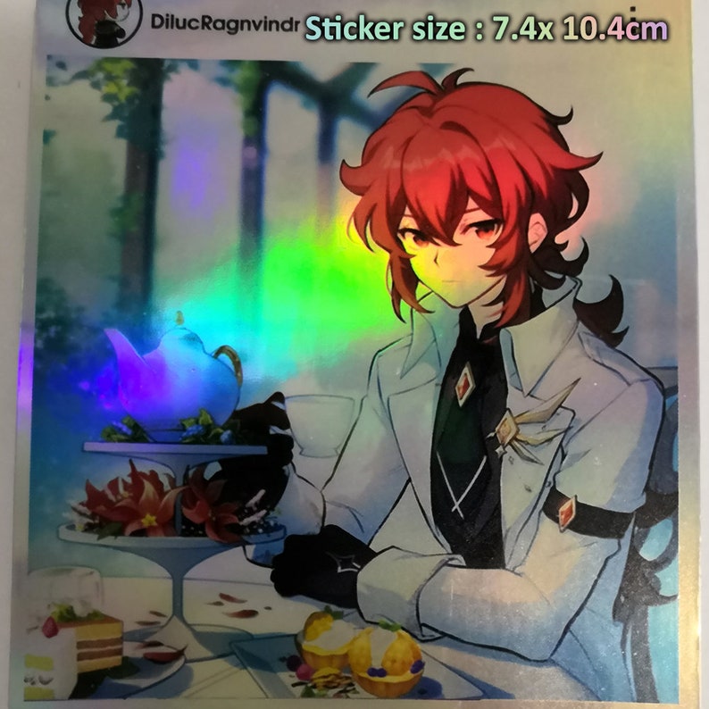 May include: Holographic sticker featuring an anime-style character with red hair and a white coat, seated at a table with a teapot and desserts. Sticker size: 7.4 x 10.4cm.