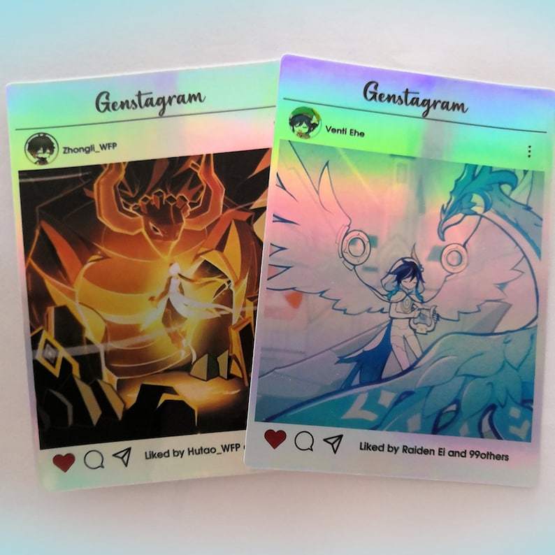 May include: Two holographic stickers with a social media theme. One features a fiery dragon and a figure, the other a character with wings and a musical instrument. Both have the text "Genstagram" at the top and social media icons at the bottom.