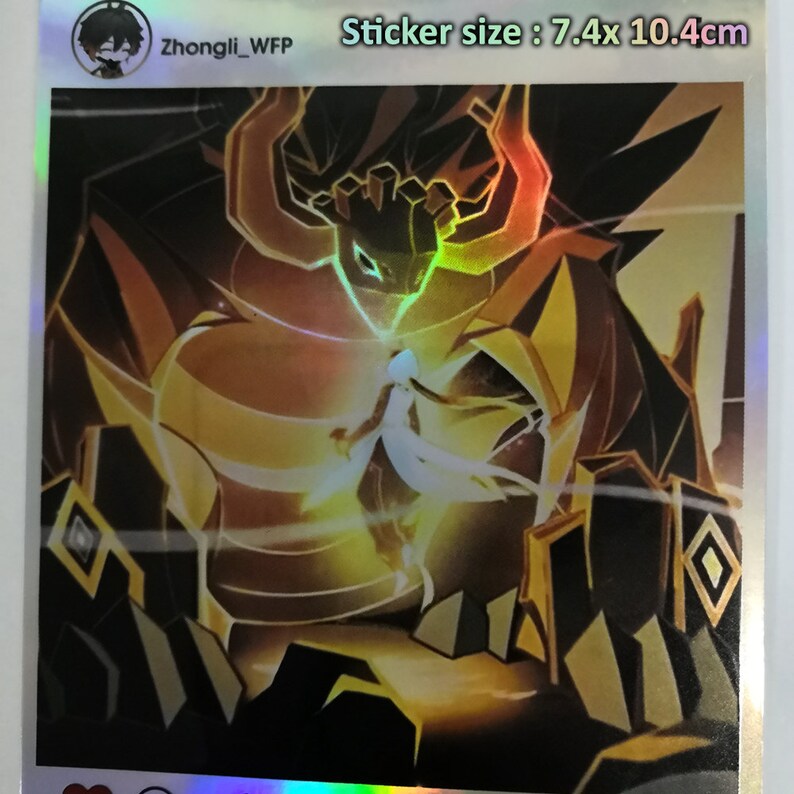 May include: Holographic sticker featuring a detailed illustration of a character with a dragon-like form and a figure in white. The sticker is 7.4 x 10.4 cm in size. The artwork has gold, black, and orange tones.