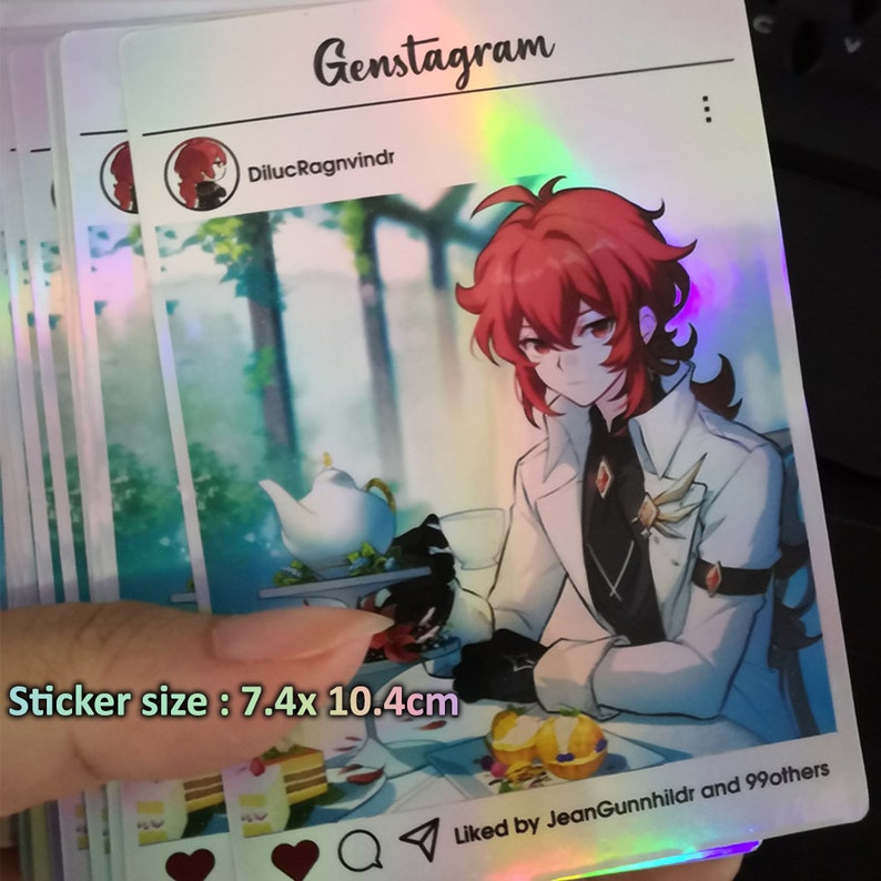 May include: Holographic sticker featuring an anime-style character with red hair, dressed in a white coat. The sticker has the text "Genstagram" and "DilucRagnvindr". Sticker size is 2.9 x 4.1 inches. The image is a stylized illustration.