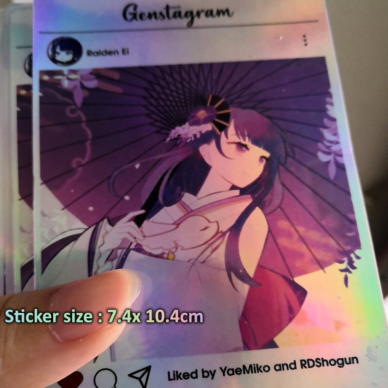 May include: Holographic sticker featuring an anime-style illustration of a woman in a kimono holding a parasol. The sticker has a purple and pink color scheme, with the text "Genstagram" at the top. Sticker size: 7.4 x 10.4cm.
