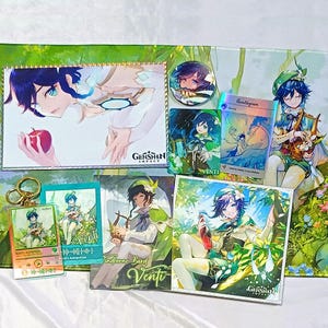 Set di gadget Venti di Genshin Impact Set regalo Venti di Genshin Stampa artistica Venti di Genshin Stampe olografiche Venti Merch di Genshin Portachiavi Venti