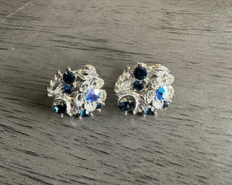 Lisner Silver Round Floral Earrings with Blue Stones