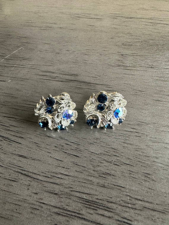 Lisner Silver Round Floral Earrings with Blue Ston
