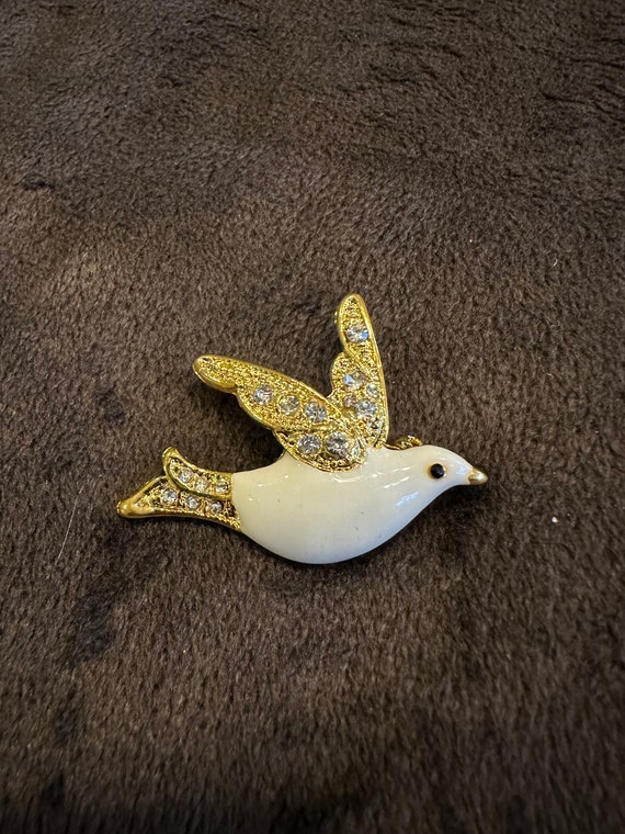 Vintage Gold and White Bird Brooch