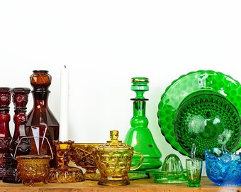 8 Piece Curated Collection of Depression Glass Rainbow Colors w/ Ruby Red, Amber, Green, Blue Colored Glass incl. Rossini Glass Decanter
