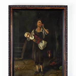 ANTIQUE Original Slave Portrait Oil Painting - 19th Century - Historical Art of Black Woman holding Child - Dark Moody Creole G.Fuller