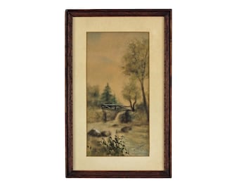 ANTIQUE 11x7 Early 1900s Ernst Zimmerman Fine Art ORIGINAL Landscape Water Bridge Scene Moody Colors - Framed in Handcrafted Dainty Frame
