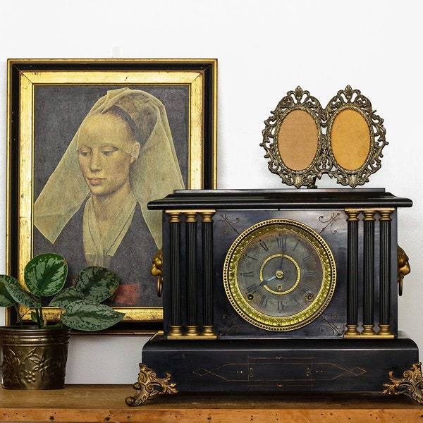 ANTIQUE Collection - 1900's Seth Thomas Lions Head Black Mantle Clock, "Portrait of a Lady" Gold Framed Art, Ornate Brass Double Oval Frame