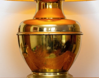 VINTAGE Brass Ginger Jar Lamp w Oversized Shade - PAIR Convex Bubble Glass Dried Flowers on Green Velvet - Sunbeam Black White Alarm Clock