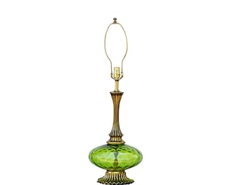 VINTAGE 33in RARE Mid Century Modern Bright Green Bubble Glass Table Lamp with Etched Brass Lamp Body Scallop Ribbon Base - Maximalism Retro