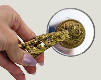 ANTIQUE Set of 2 Louis XIV RARE Brass w/ Mirror Victorian Ornate Floral Door Hardware - Pull Lever Egg Knob Cabinet - Unique Baroque French