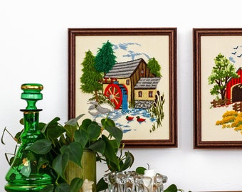 Mid Century Modern Curated Collection 70s Glass Candleholders - Handmade Needlepoint Art Pair - Sombrero Man Onyx Stone Ashtray Vintage 40s