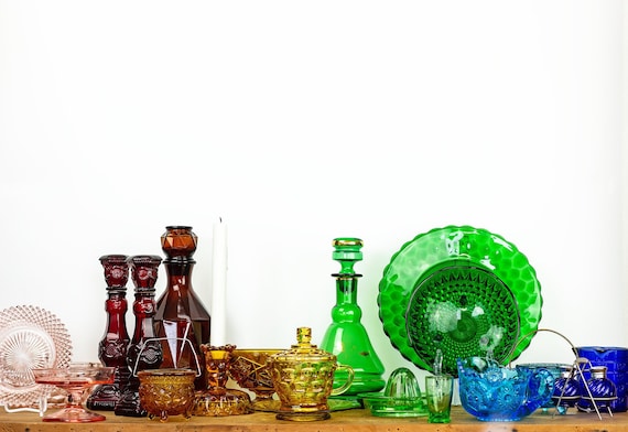 8 Piece Curated Collection of Depression Glass Rainbow Colors w/ Ruby Red, Amber, Green, Blue Colored Glass incl. Rossini Glass Decanter