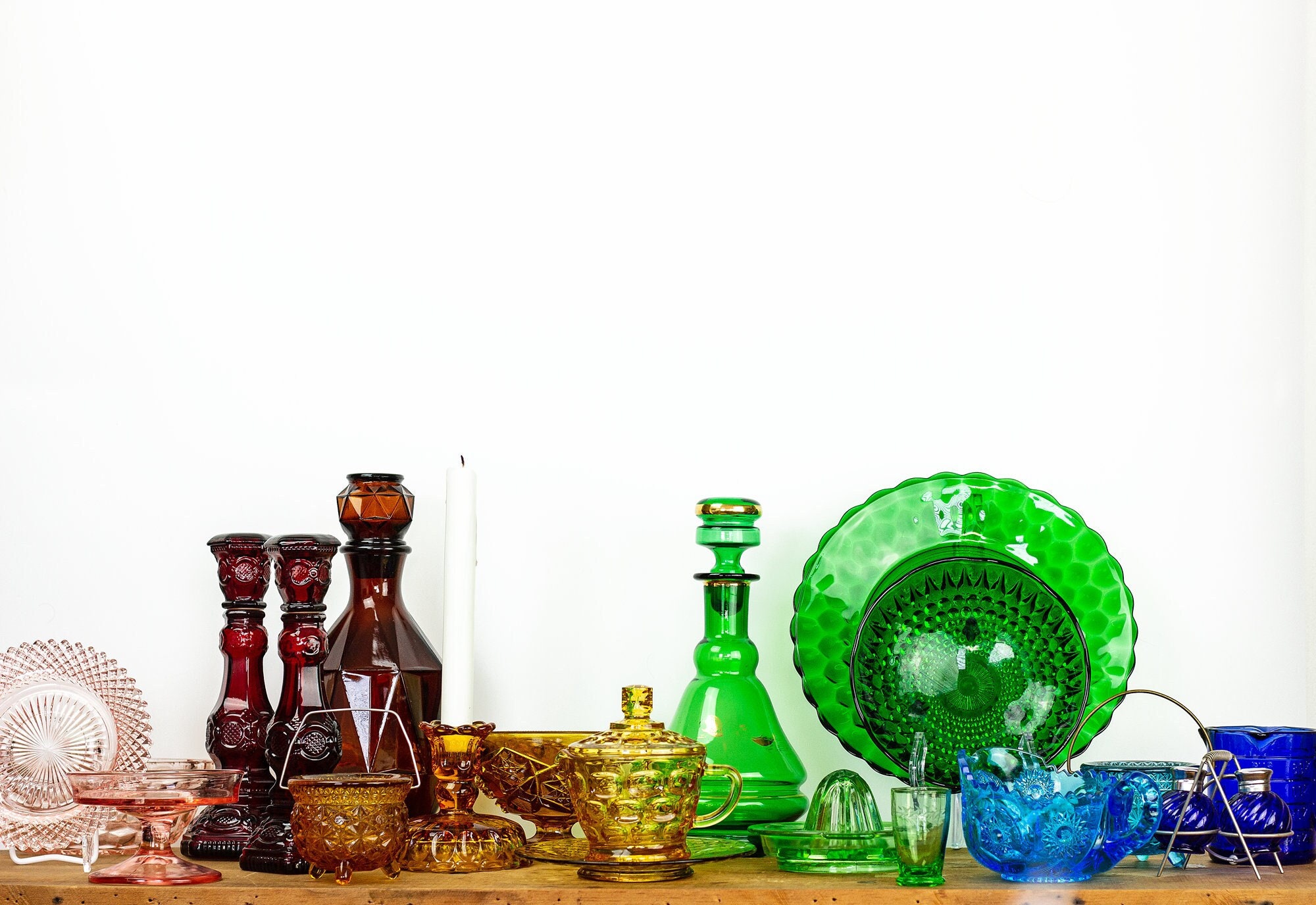 8 Piece Curated Collection of Depression Glass Rainbow Colors w/ Ruby Red, Amber, Green, Blue Colored Glass incl. Rossini Glass Decanter