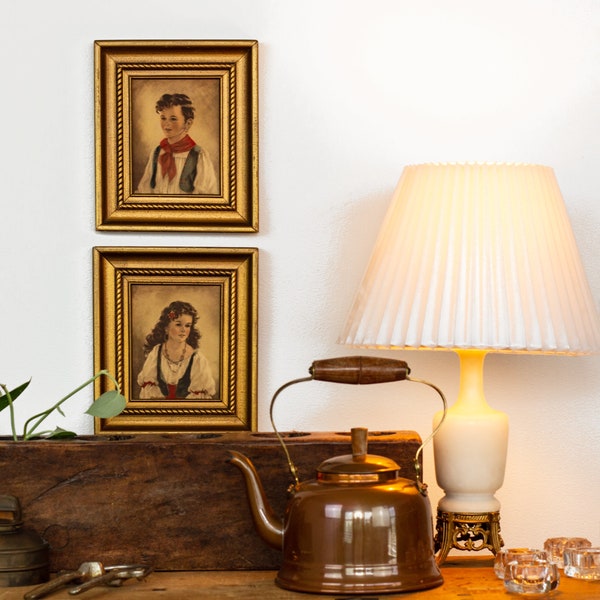 ANTIQUE Set of 4 - Vintage Collection of PAIR of Portraits with Gold Frame, 6 Hole Sugar Mold, Copral Copper Kettle