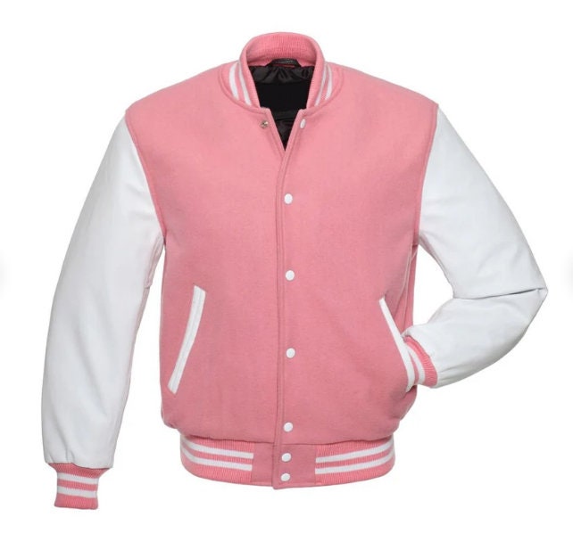 Pink Wool/white Leather Sleeves Varsity Jacket Baseball - Etsy