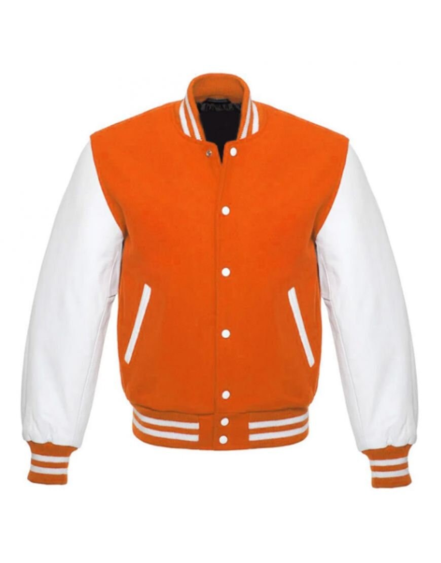 Orange Wool & White Leather Sleeves Varsity Jacket Handmade Etsy