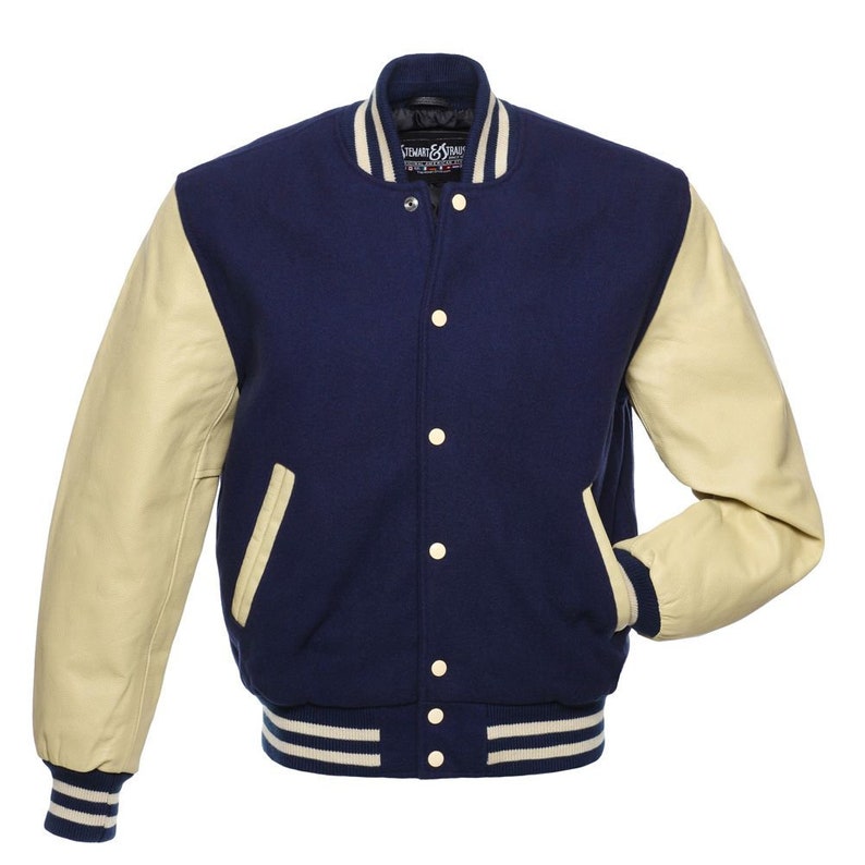 Navy Blue Wool Cream Leather Sleeves Mens Varsity Jacket - Etsy