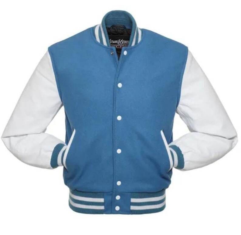 Varsity Jacket Light Blue Body Wool With White Leather Sleeves Etsy