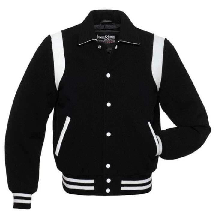 Retro Varsity Jacket Black 100 Wool With Leather Rib Handmade Etsy