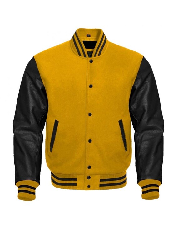 Varsity Jacket Yellow Wool & Black Leather Sleeves Varsity - Etsy