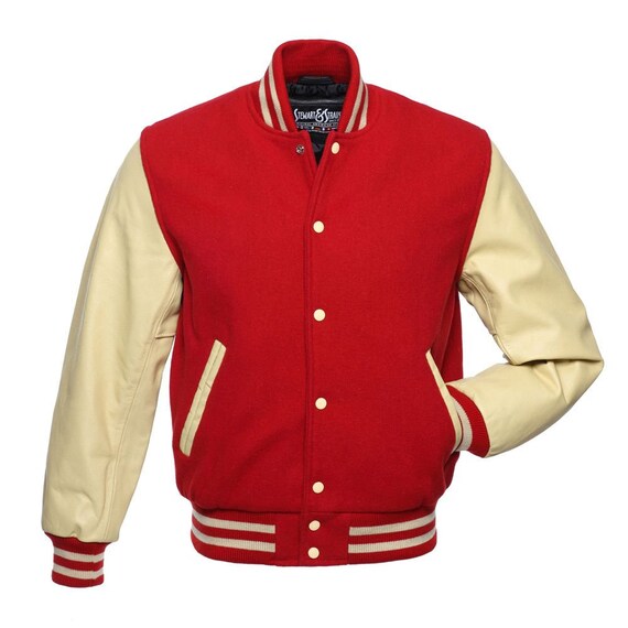 Red Wool With Cream Leather Sleeves 