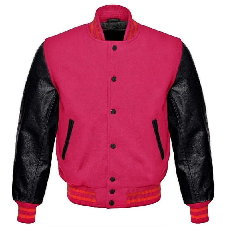 Men's Varsity Jacket Pink Wool & Black Leather Sleeves - Etsy