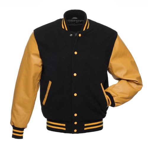 Black 100% Wool Gold Leather Sleeves Varsity Jacket Mens - Etsy