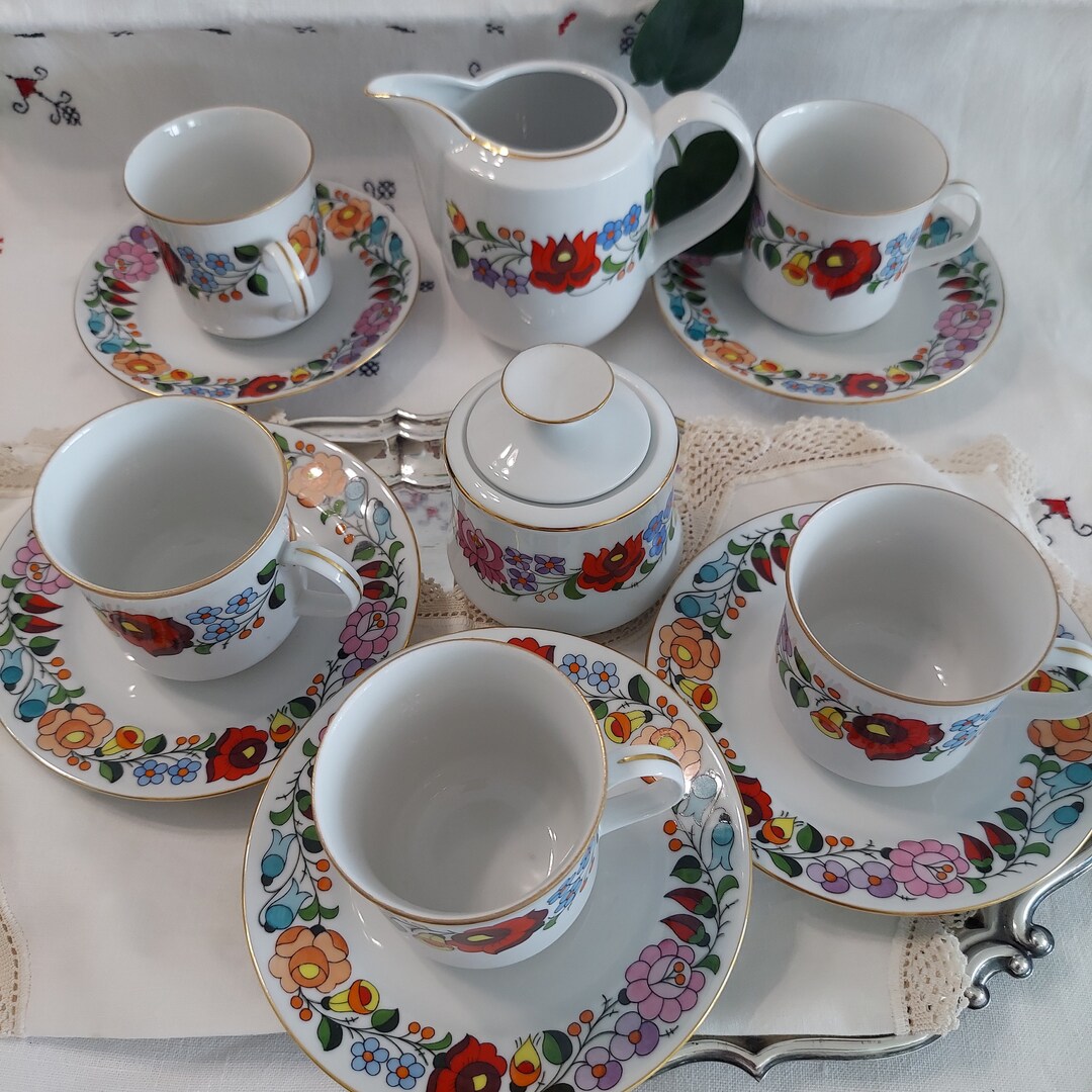 Vintage Coffee/tea Kalocsa Set for Five, Hand Painted, Cups, Saucers