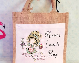 Protea Jute Bag with fabric pocket, Lunch Bag, Pool Bag, Gift Bag personalised Sml, Med, Lge bag