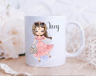 Personalised Girls Millie pink dress with bag or flowers Design Mug / Custom Design mug / Girls Gift