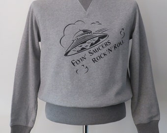 Retro 1940s 1950s style grey cotton sweatshirt US Flyin' Saucers Rock'n'Roll